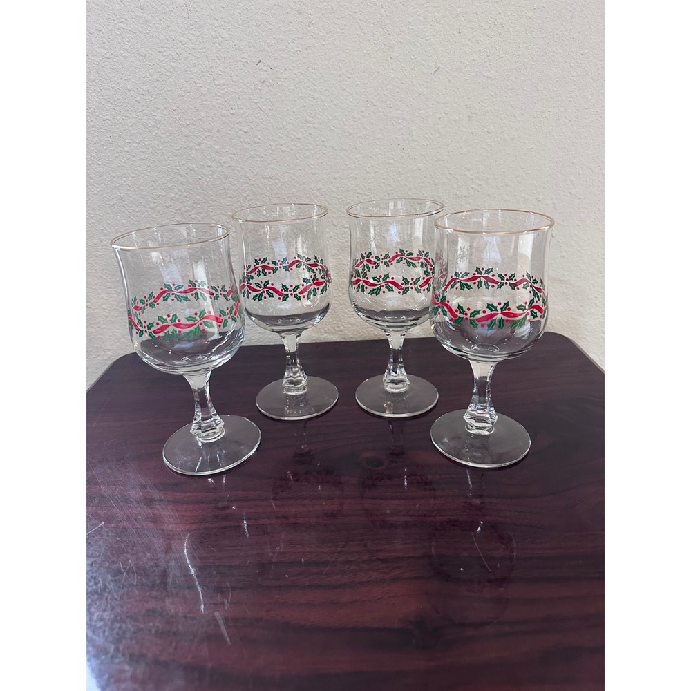 Vintage Christmas Holly Ribbon Wine Goblets Gold Rim Stemware Set of 4 Glasses